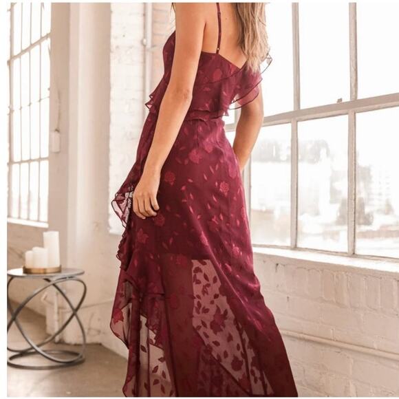 Lulus Womens XS Forever Be Burgundy Floral Jacquard Ruffles Maxi Dress Cocktail - Picture 2 of 11